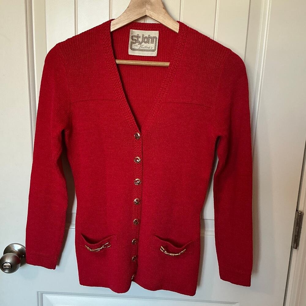Vintage St. John for Bullocks Knit Cardigan with Gold Hardware XSmall Red